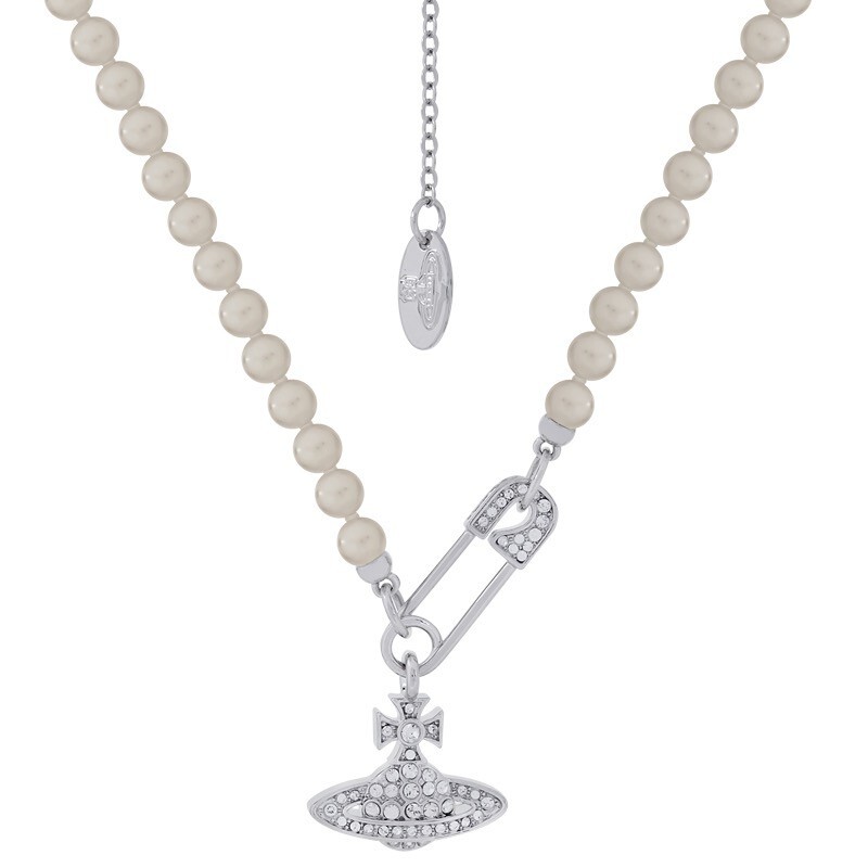 Vivienne Westwood Silver Tone Pearl Safety Pin Necklace with Gift Box