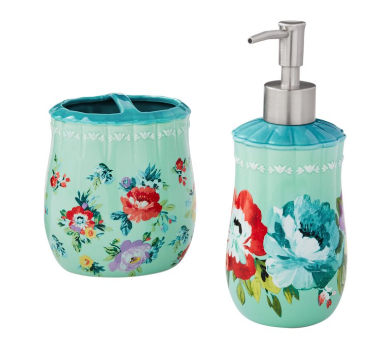 Pioneer Woman Sweet Romance ✨ Stoneware 2-Piece Bath Accessories Set, Multi-Colo