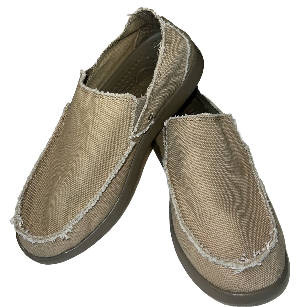 Crocs Santa Cruz Slip-On Loafers for Men Size 7 Khaki Canvas Boat Shoes