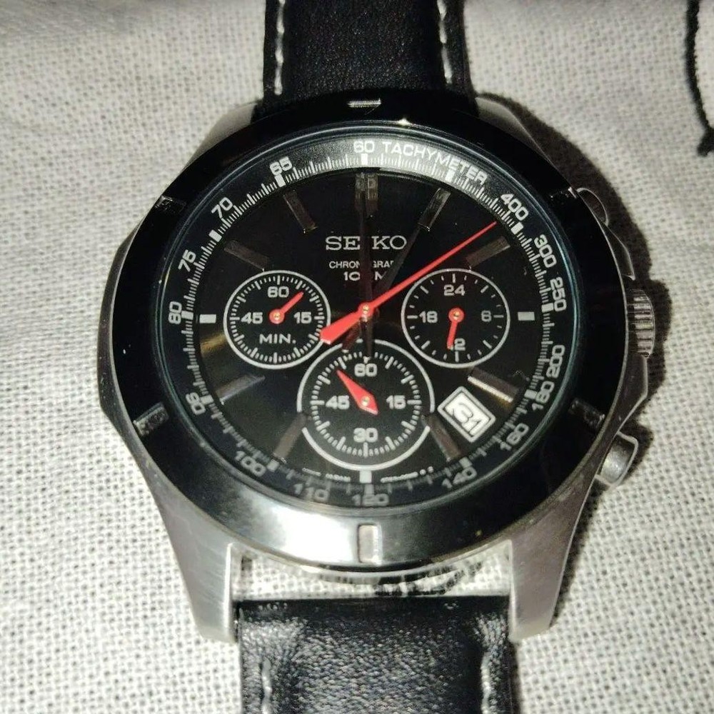 Seiko Chronograph Watch 100M Water Resistant Leather Strap