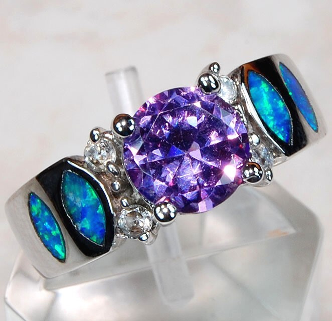1ct Amethyst & Australian Opal Inlay 925 Sterling Silver Ring Size 8 BA4