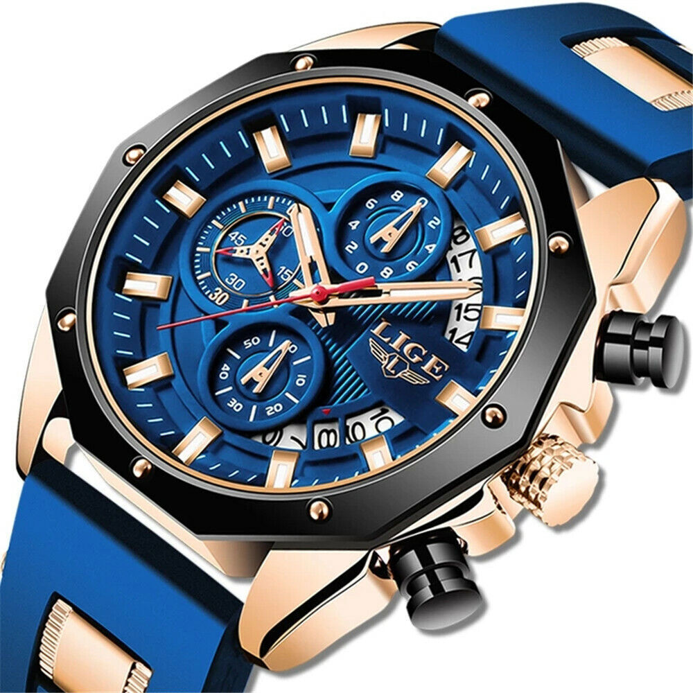 LIGE Mens Sport Watch Silicone Strap Quartz Wristwatch for Boys
