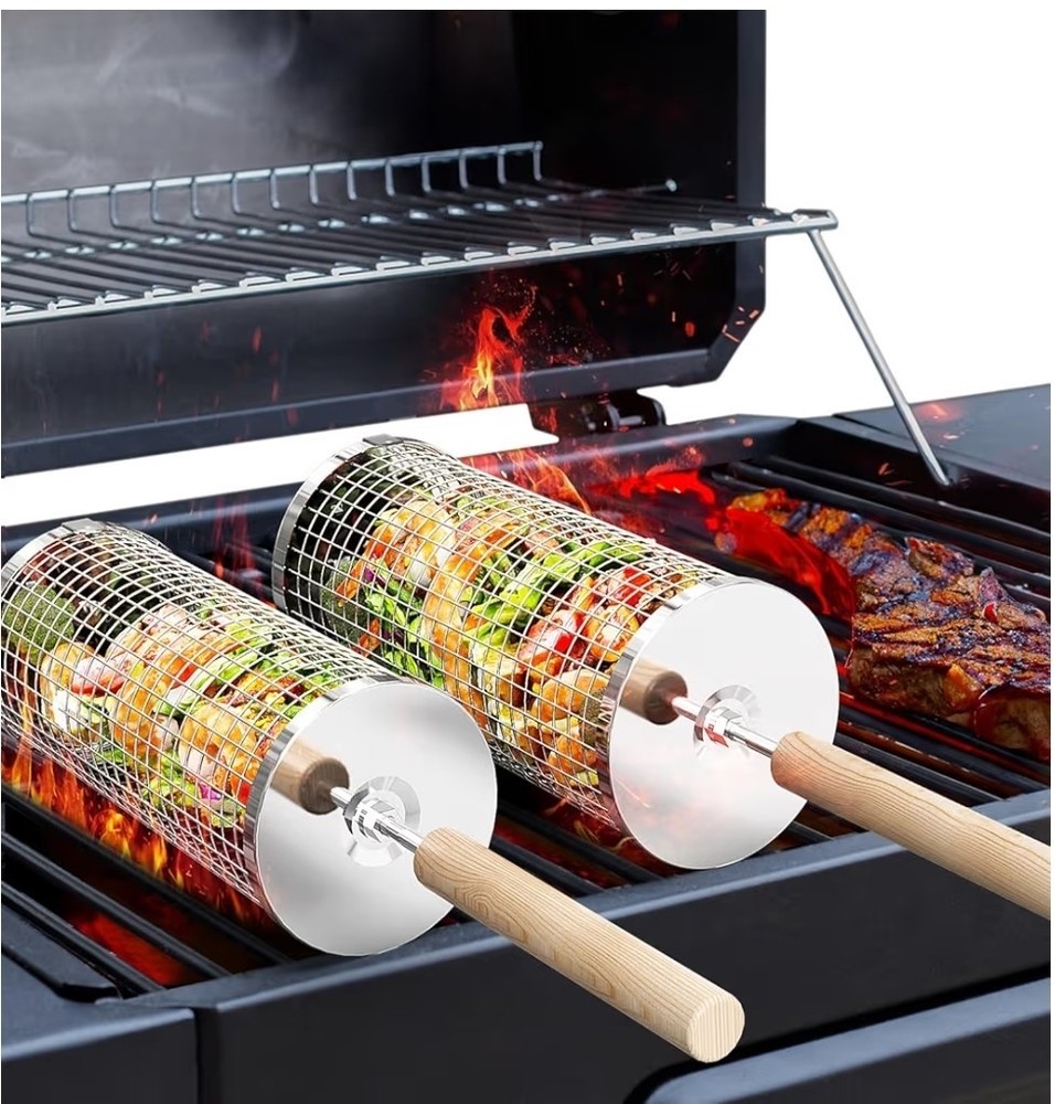 Roll-up grill basket, removable wooden handle, 304 stainless steel, barbecue...