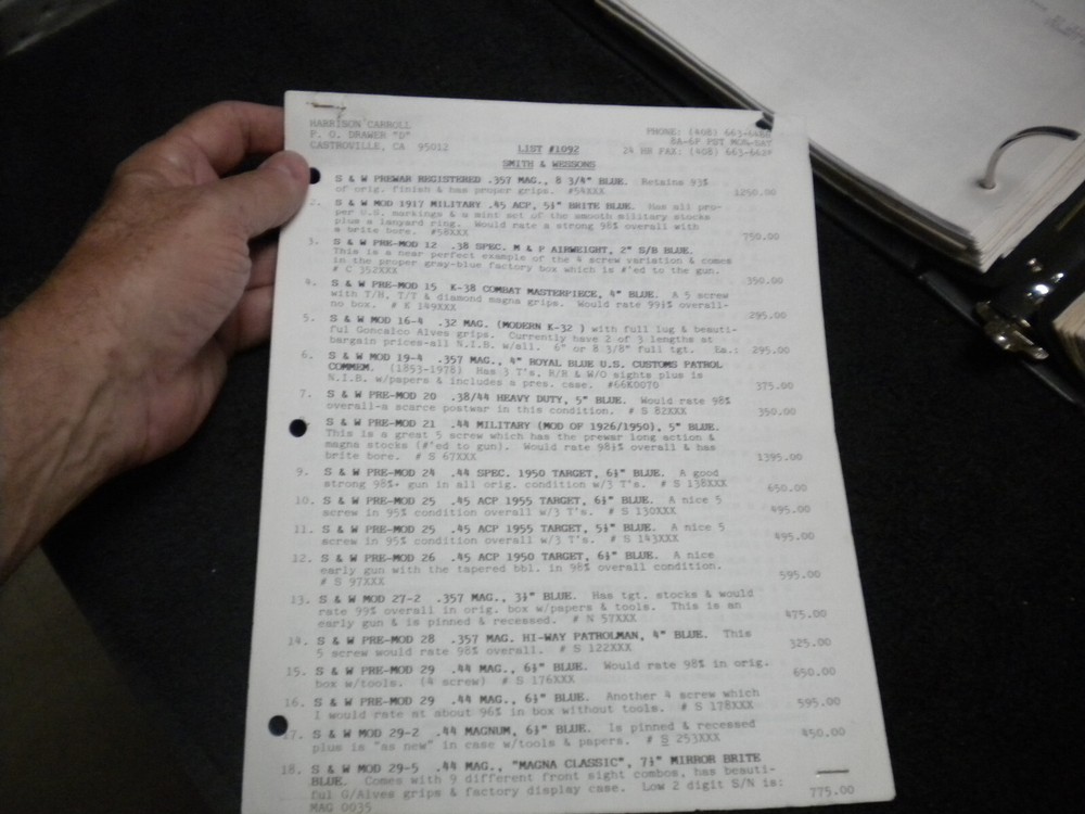 Harrison Carroll List 1092   july 1998 Colt SAAs,  , S&W, Price List
