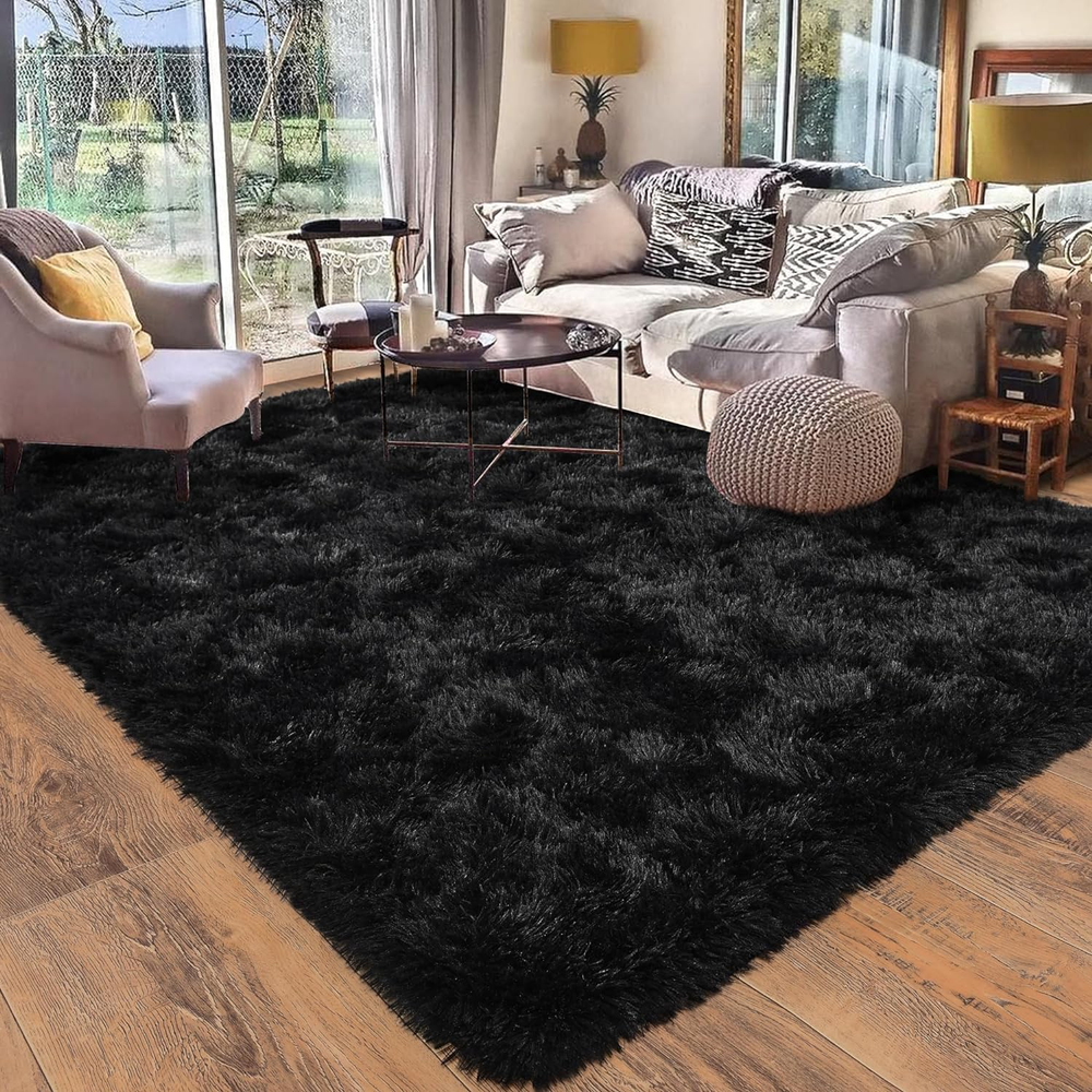 Soft Shaggy Black 4x6 Area Rug for Bedroom or Living Room Modern Plush Shag