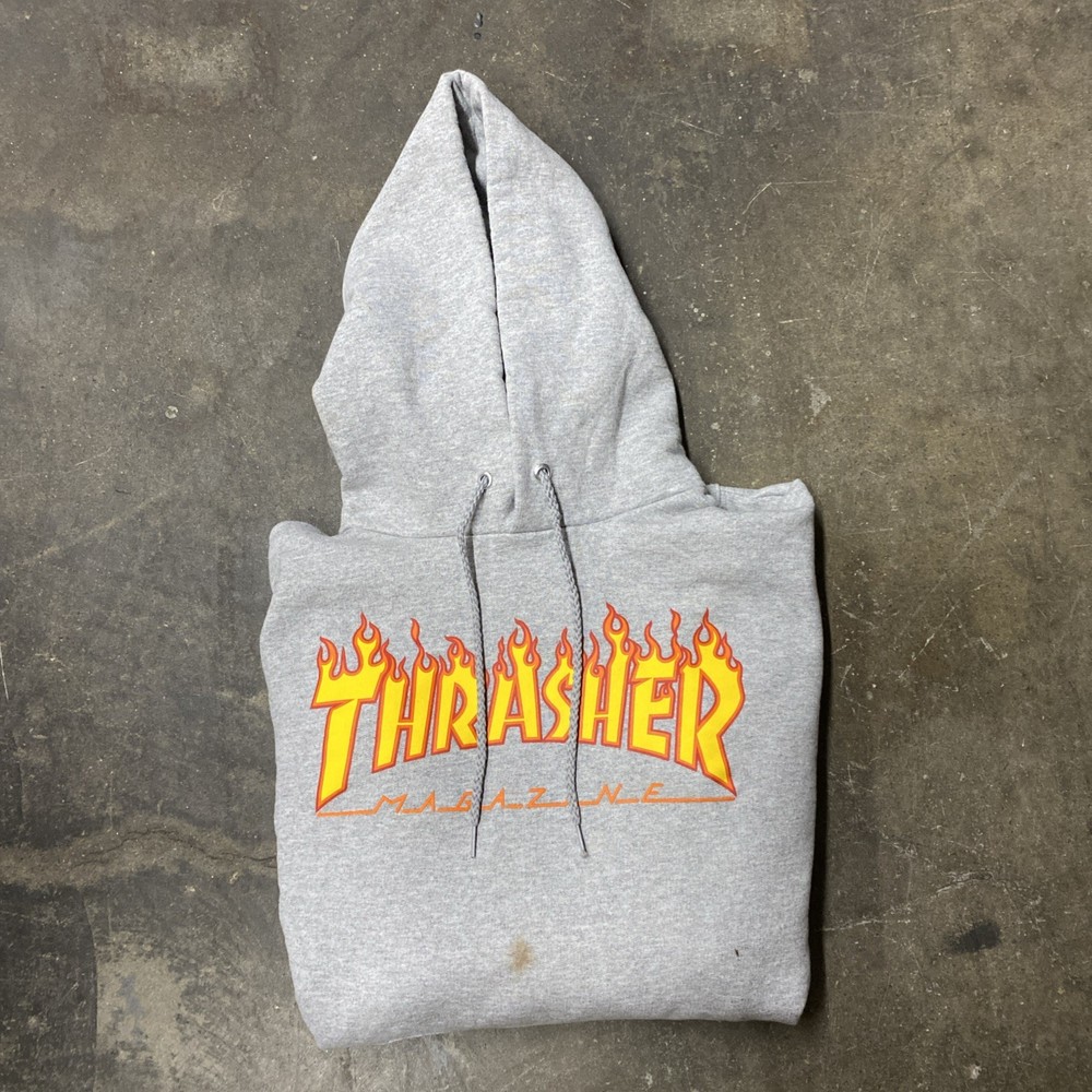 Thrasher Hoodie Mens Medium Gray Pullover Sweater Sweatshirt Flames Skater