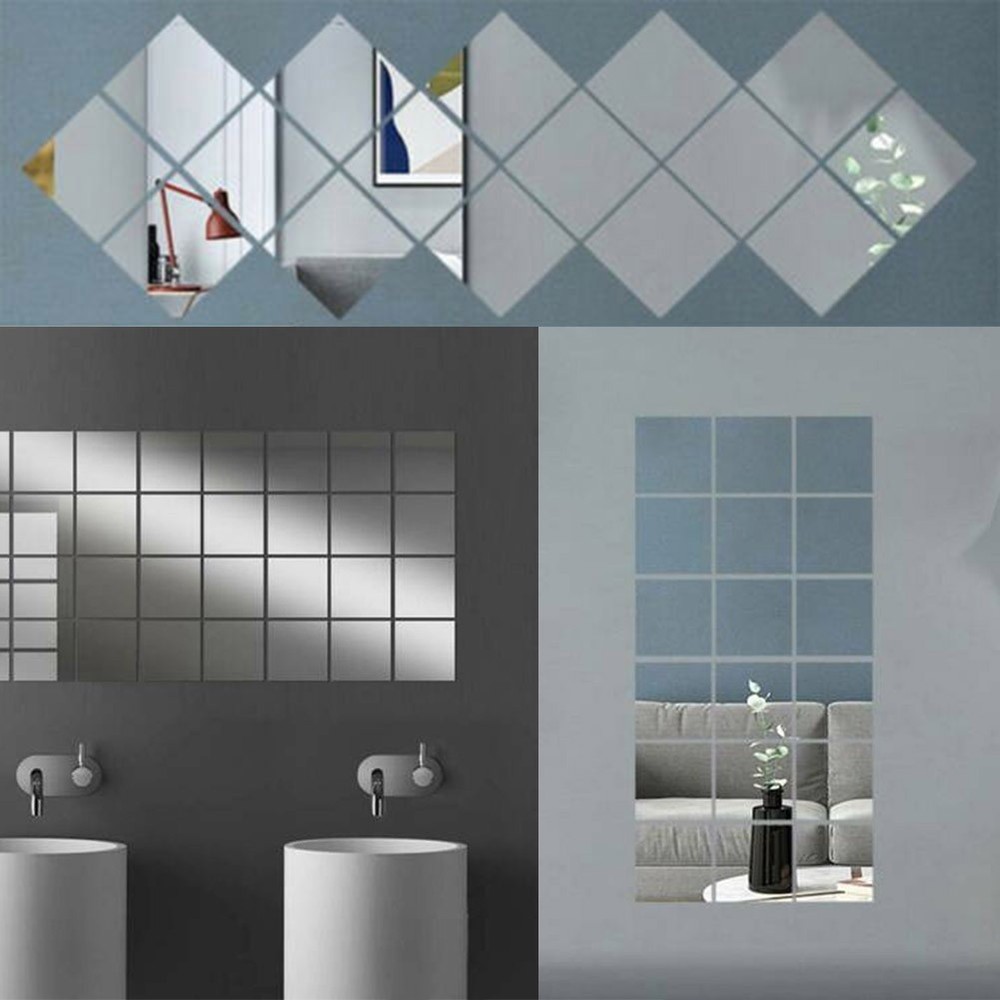 16Pc 15CM Square Mirror Glass Tile Stickers Self-Adhesive Wall Decor