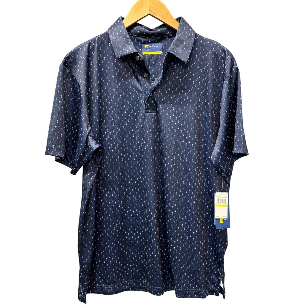 Jack Nicklaus Polo Shirt Mens Medium Blue UPF 50+ Toucan Print Coastal Golf NEW