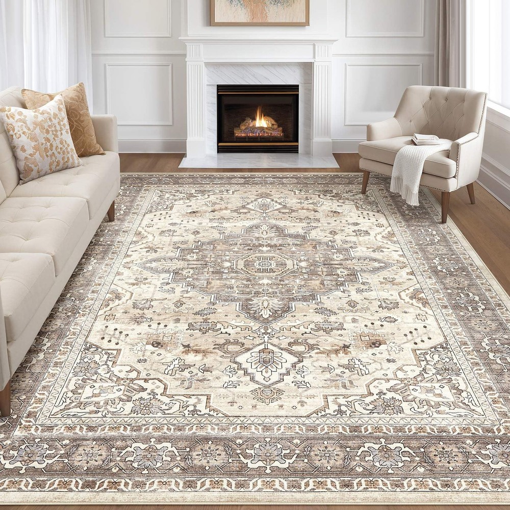 8x10 Area Rugs Living Room: Washable Boho Large Neutral Vintage Soft Rug Stai...