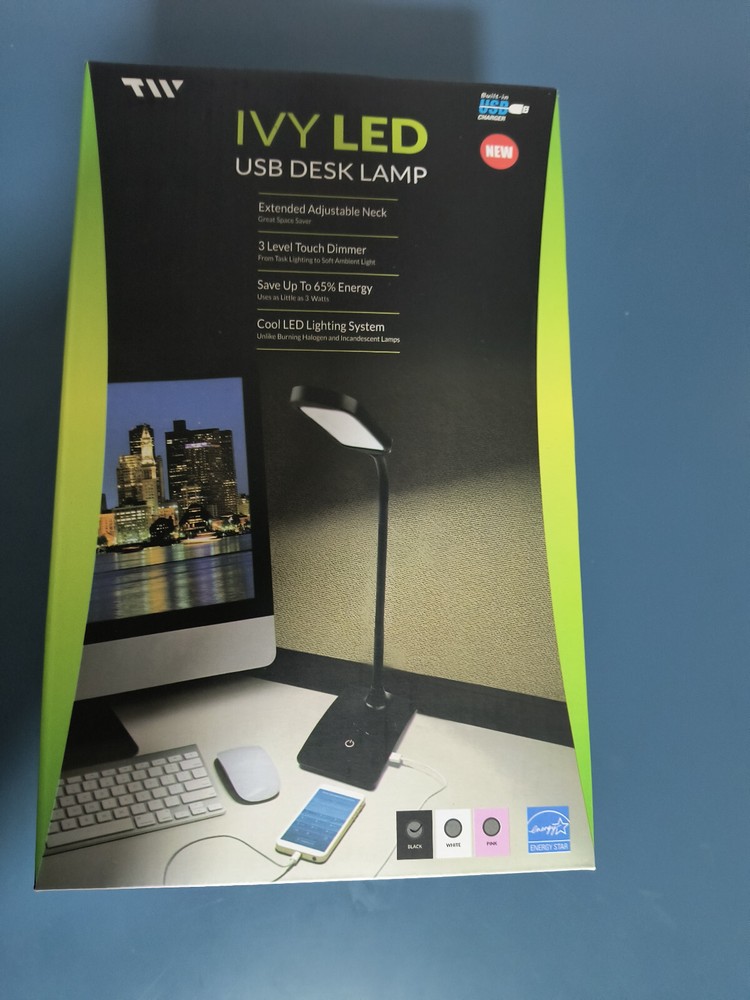 IVY LED USB Desk Lamp, USB Port, 3-Level Dimmer, Black, Open Box