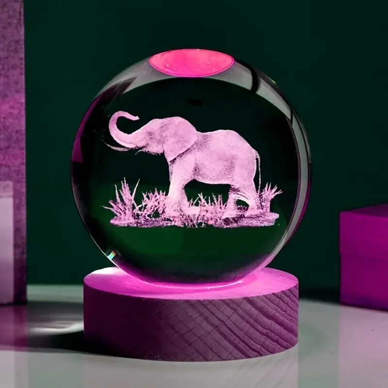 3D Crystal Ball Night Light With Elephant Design Glass Ball Laser Carved
