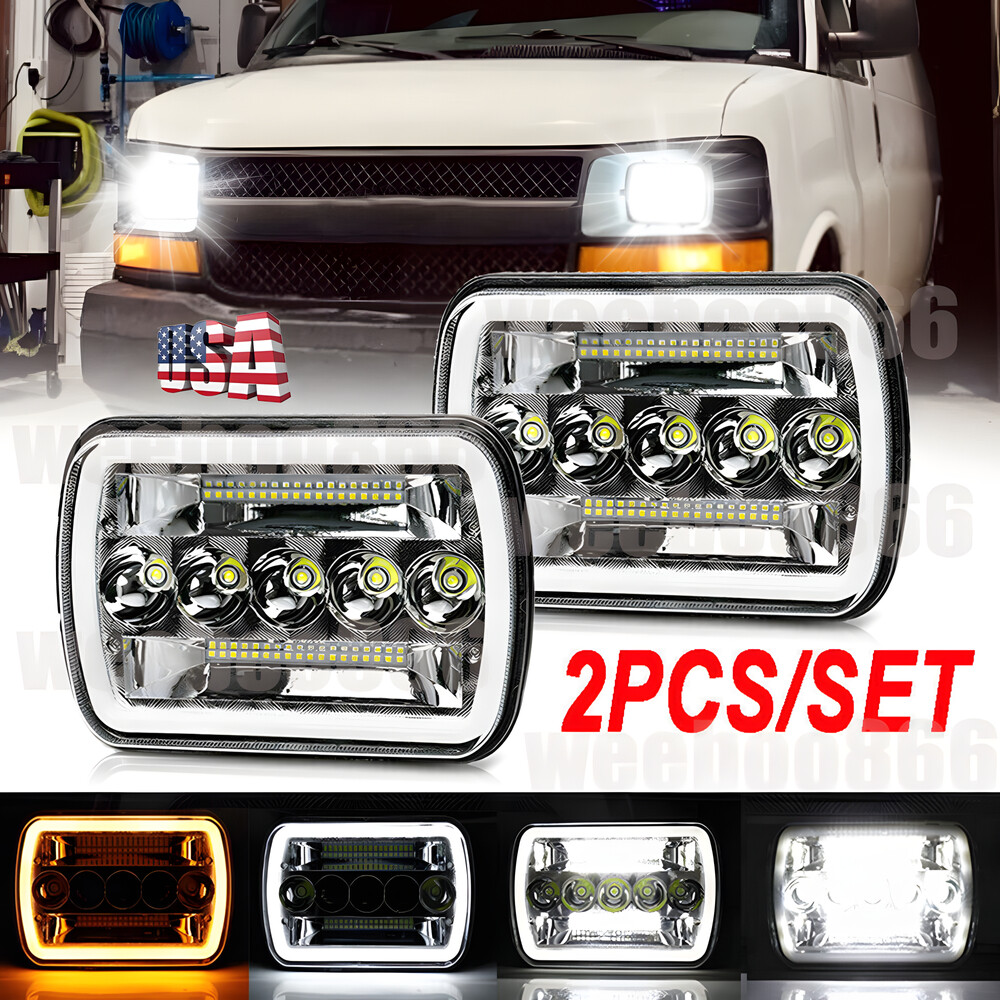 Pair For Chevy Express Cargo Van 1500 2500 3500 7x6 5x7 LED Headlights Hi/Lo DRL