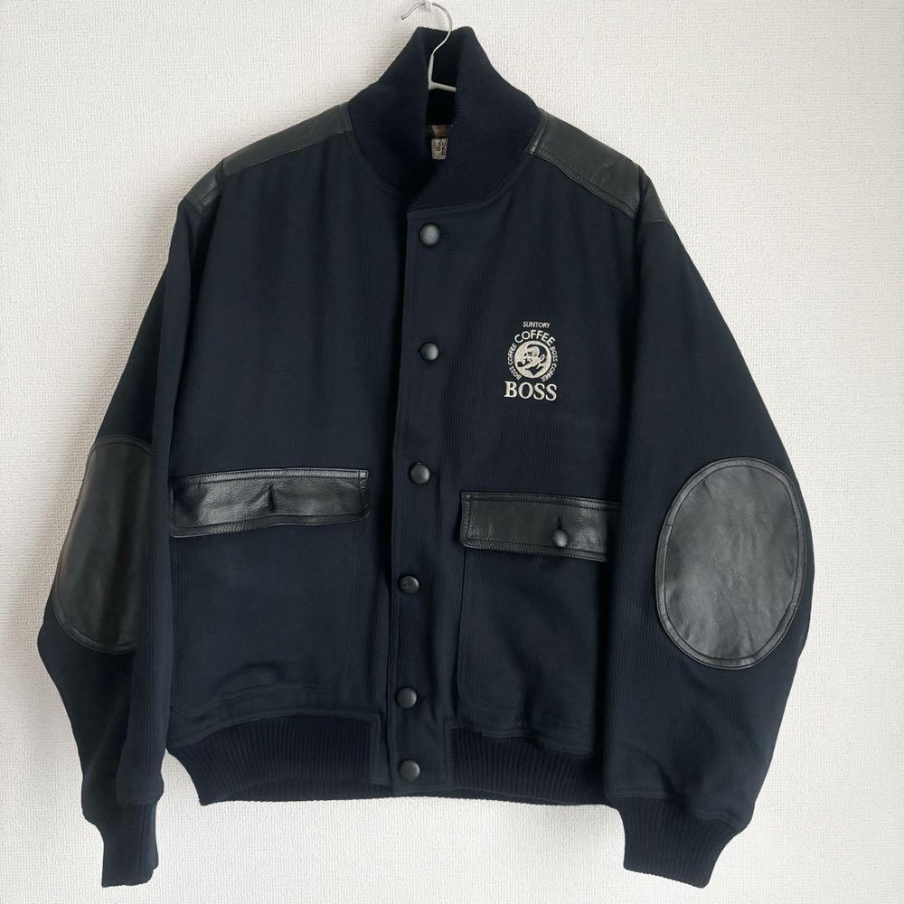 Suntory Boss Jean Navy Vintage Jacket 90s L Leather Patch Embroidery