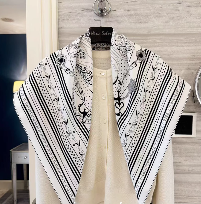 Pure 18 Momme Silk Wrap Scarf Bandanna White lines Print Square Shawl 86X86cm