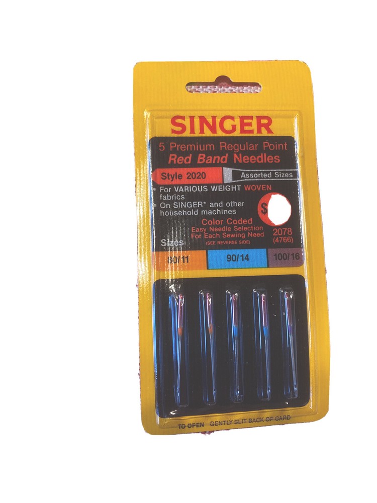 Singer Red Band Needles 2020 for woven fabrics. Assorted Sizes Five Per Package