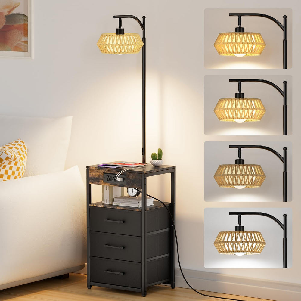 Sleek End Table Lamp with USB/AC Charging, 3 Drawers, Dimmer, 4 Color Options