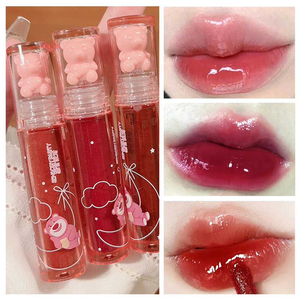 3-Color Bear-Shaped Jelly Lip Gloss Cute Waterproof Lip Stain