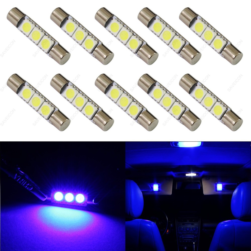 10 x Blue 28mm 3SMD T6 6641 LED Bulbs Sun Visor Vanity Mirror Fuse Lights + TOOL
