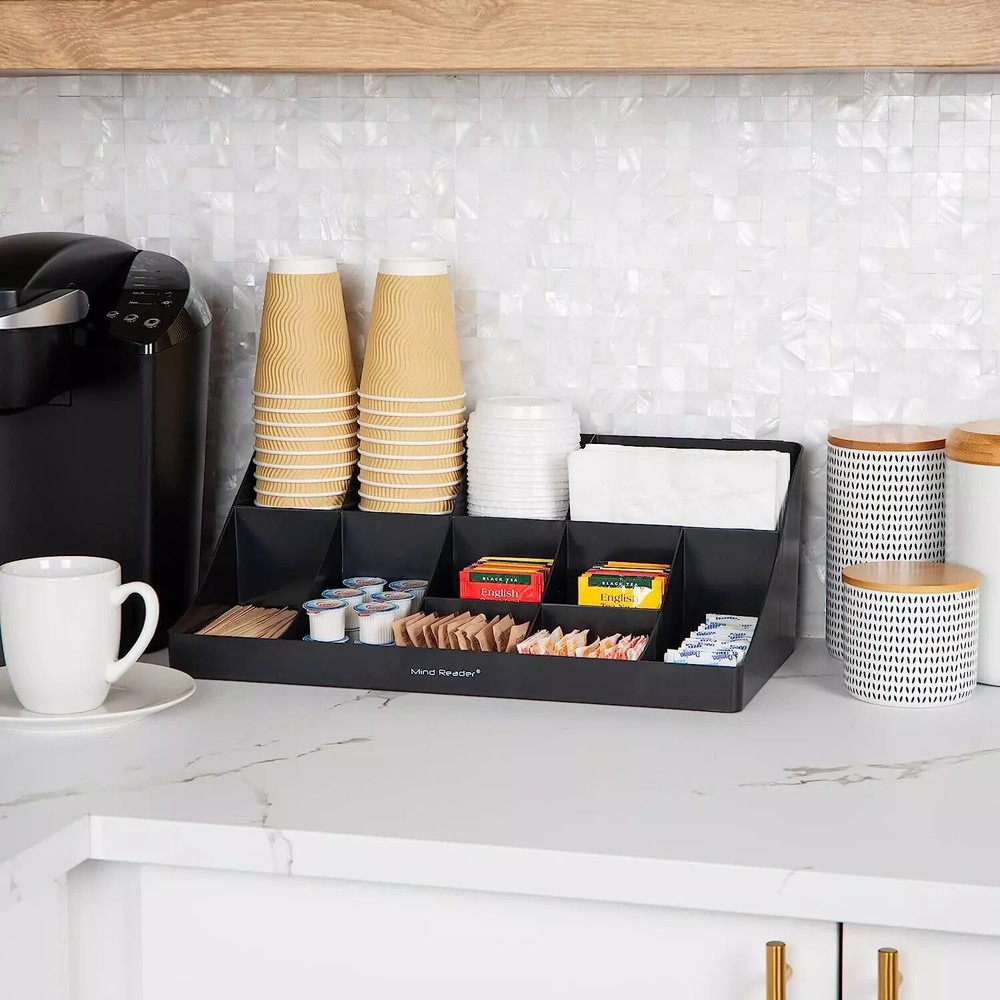 11 Compartment Breakroom Coffee Condiment Organizer Black