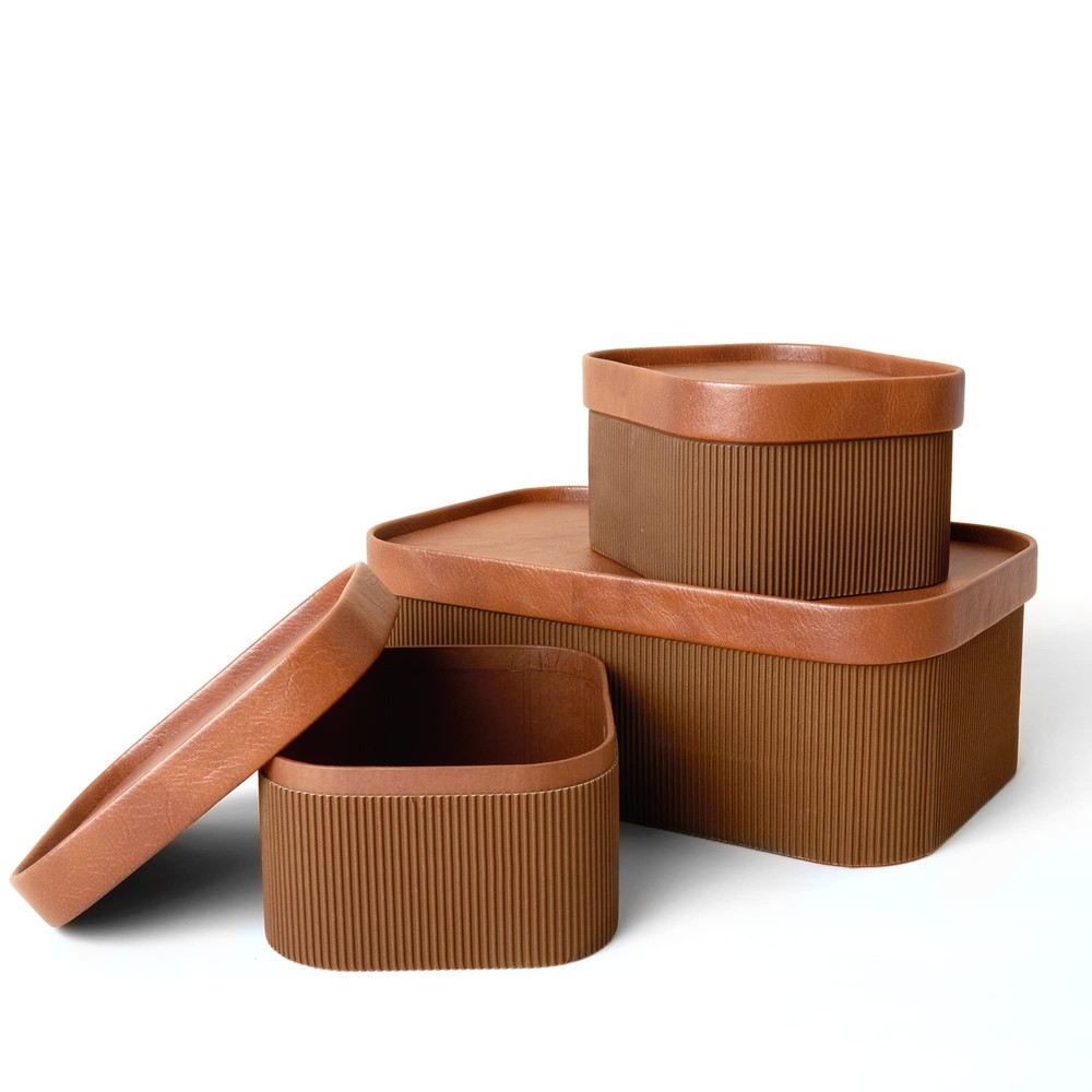 LA JOLIE MUSE 3-Piece Stackable Brown Fluted Cardboard Storage Baskets
