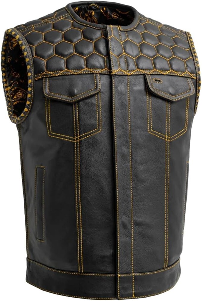 Mens Black Diamond Leather Vest - Anarchy Hunt Club Hornet Motorcycle Biker Vest