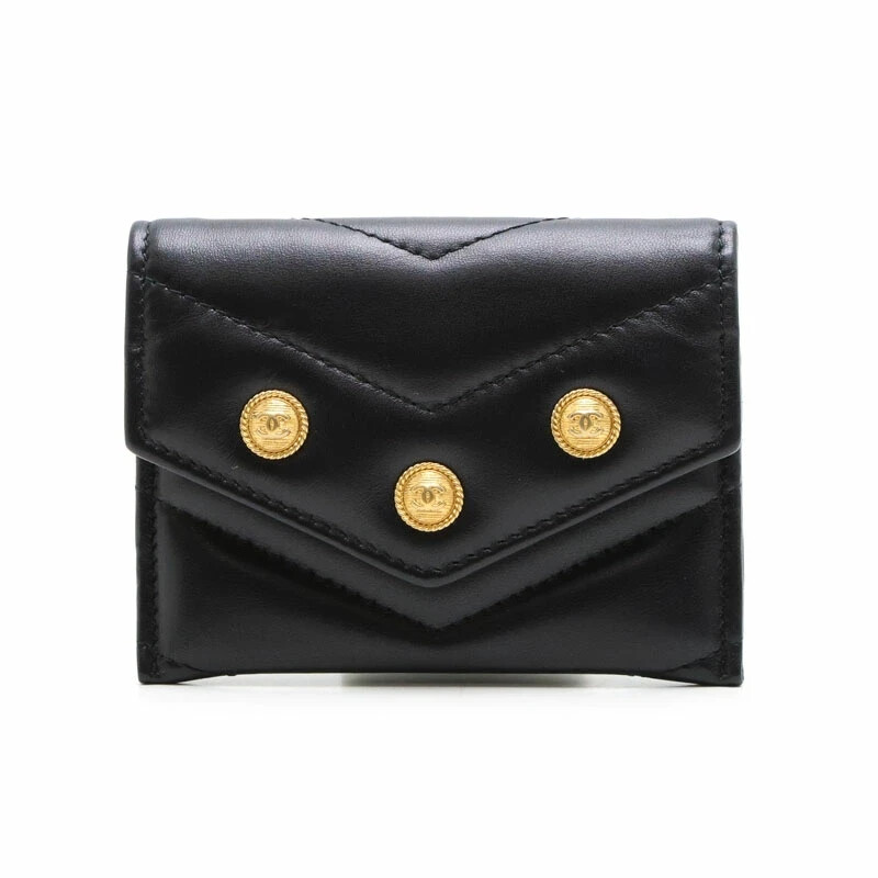 CHANEL Black Lambskin V Stitch Card Case With Box Authentic