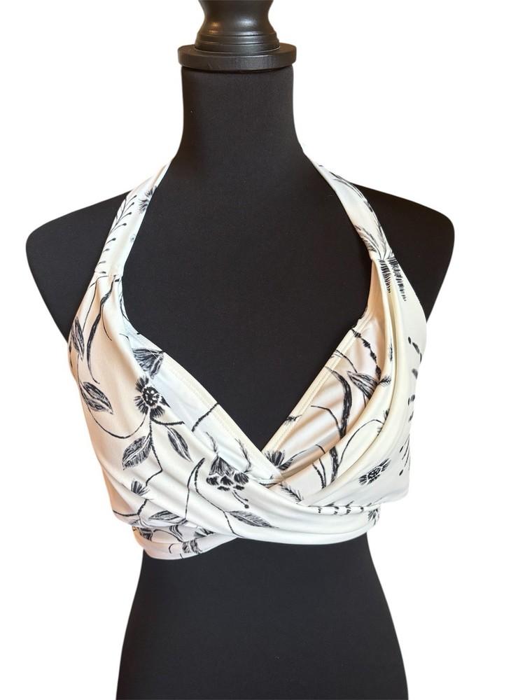 Athleta Womens Floral Print Wrap Bikini Top Black White 36 B/C