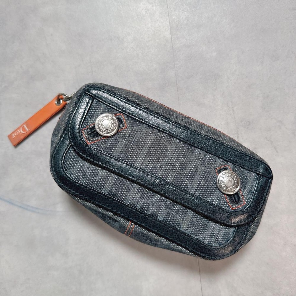 Dior Flight Pouch in Grey Trotter Denim Cotton Leather Made in Italy  