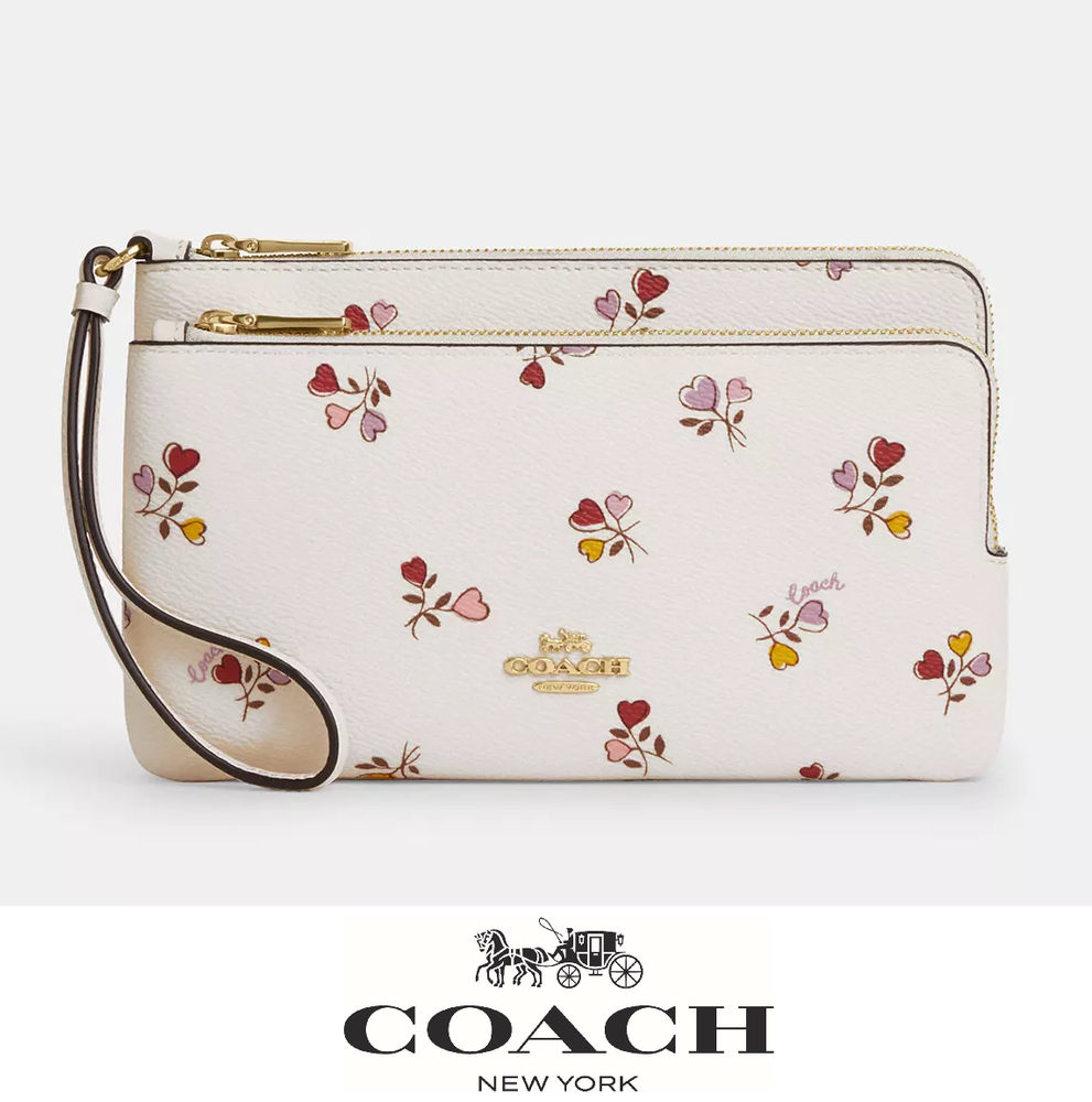 NWT COACH Double Zip Wallet Heart Print CW969 Pink Crossbody Purse  