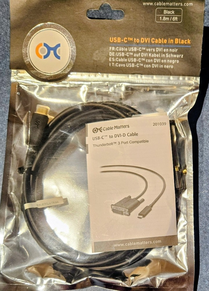 Cable Matters USB Type-C to DVI Cable Black 1.8M 6ft Thunderbolt 3 Port Compatib