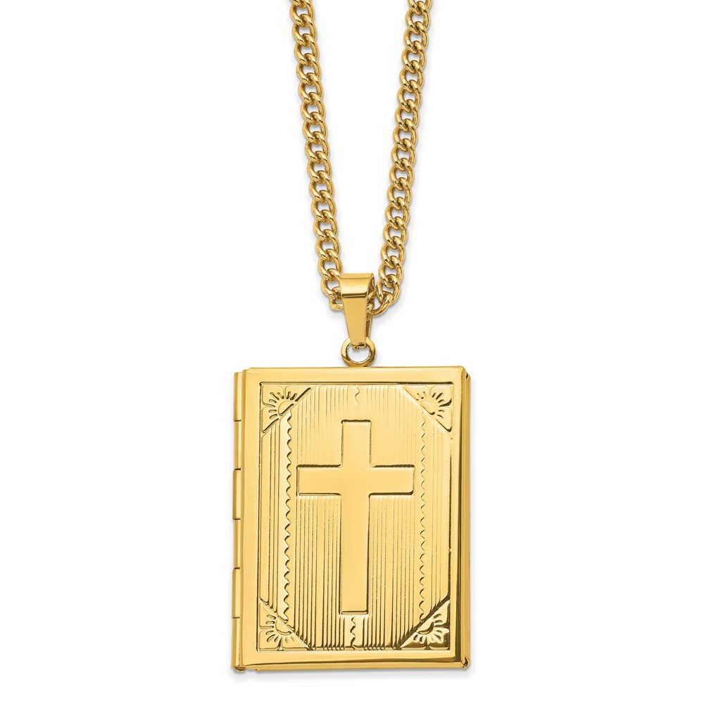 Stainless Steel Yellow IP Cross Locket Pendant with 24 Inch Curb Chain