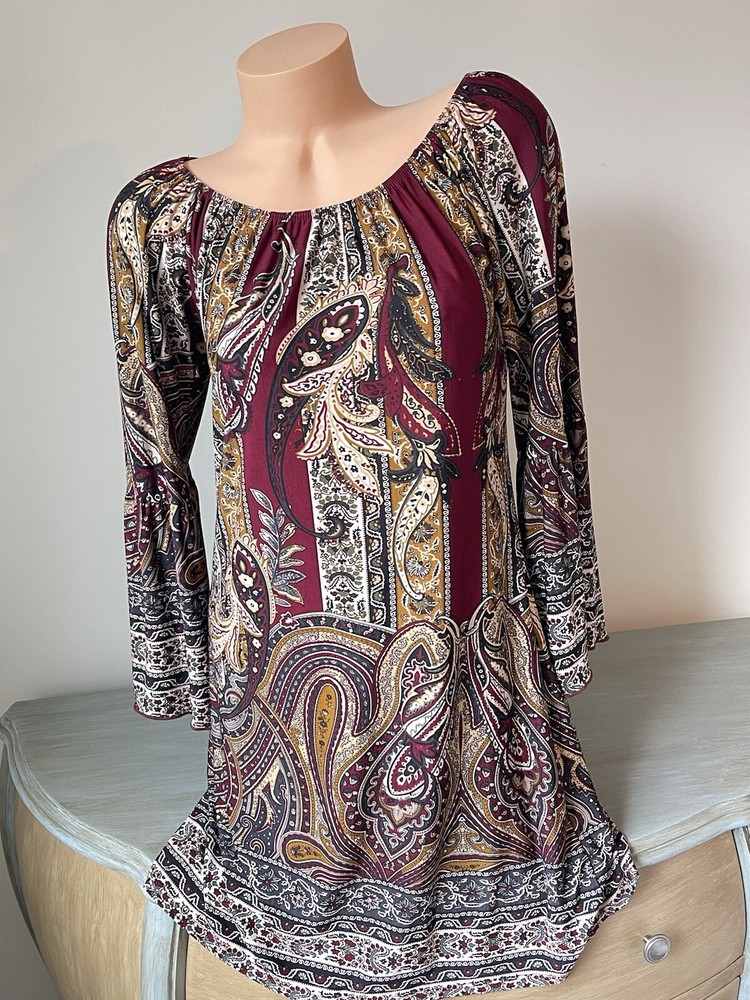Honeyme Dress Size M 3/4 Flare Bell Sleeve Paisley Fall Colors Stretch Batteau
