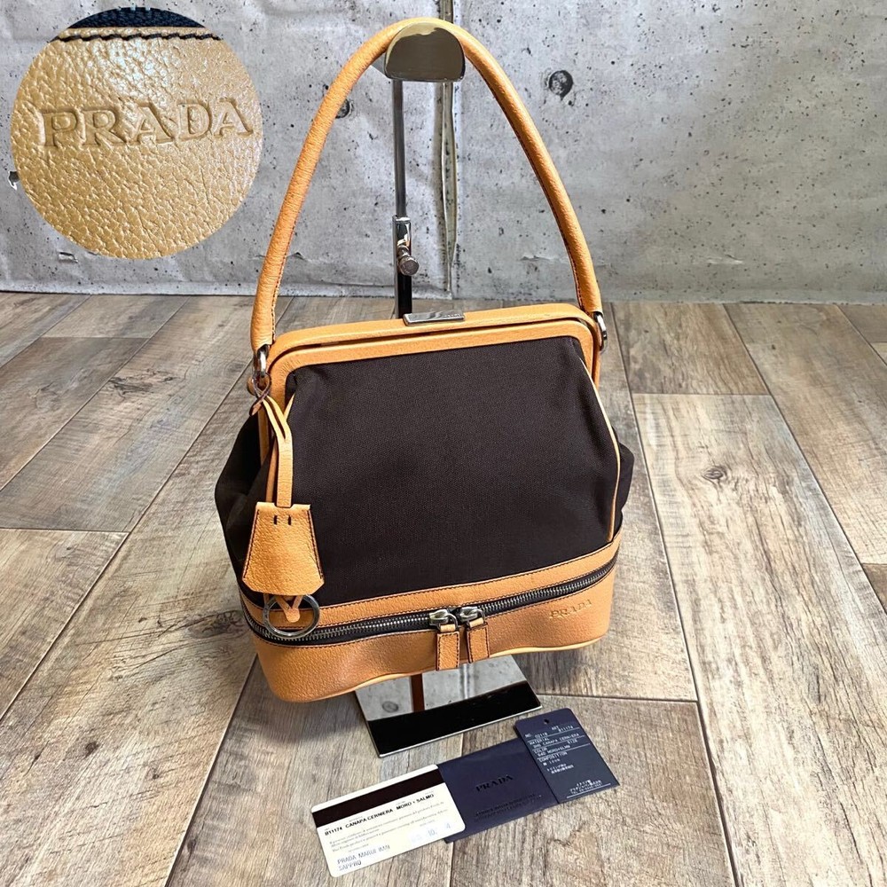 RARE Authentic PRADA Logo Brown Canvas Mini Tote Bag