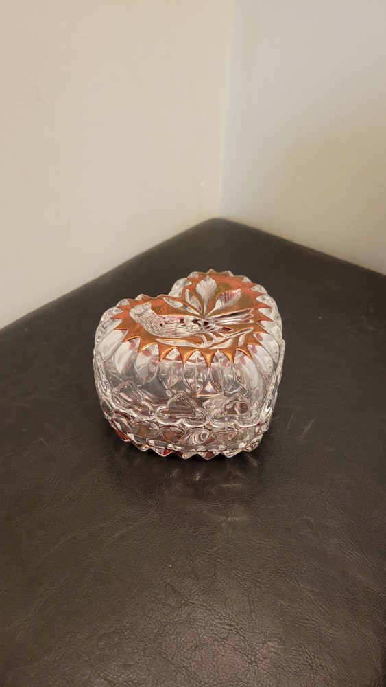 Vintage Hofbauer Byrdes Red Bird Cranberry Crystal Heart Shaped Trinket Box