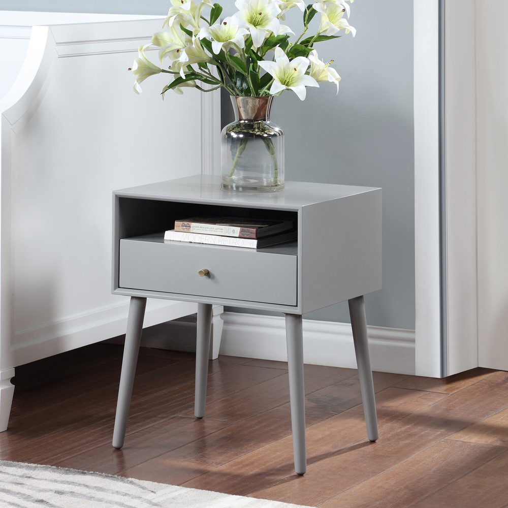 Wood Nightstand 1 Drawer Bedside Table Open Storage Shelf Solid Wood Legs Bed Si