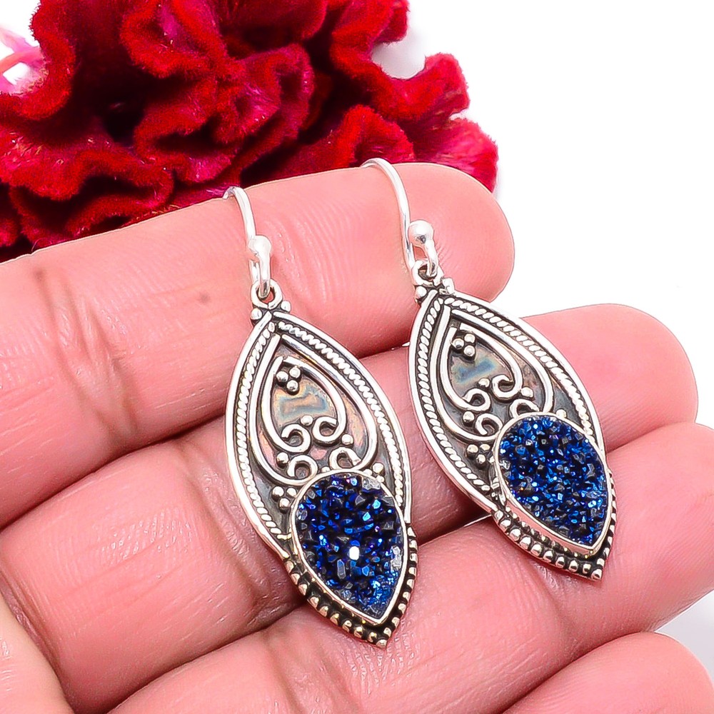 Electric Blue Titanium Agate Drusy Sterling Silver Earrings 1.76 Inch SKU29