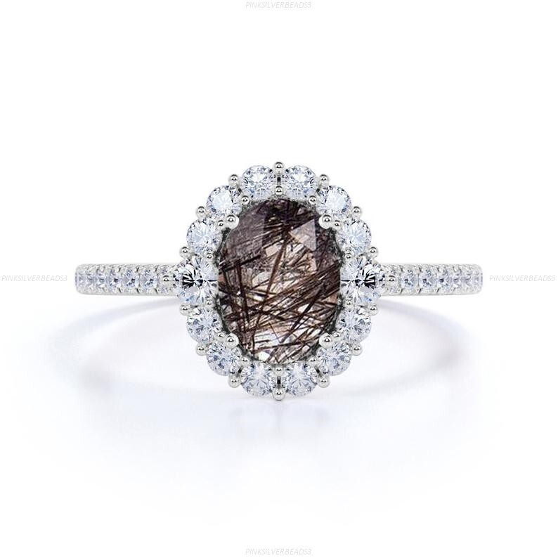 Mothers Day Victorian Fine Birthday Ring 14k Gold Rutilated Quartz Diamond-image