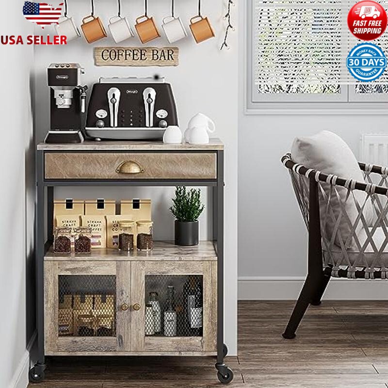 Farmhouse 3-Tier Coffee Station Cabinet W/ Drawer Mobile Coffee Cart 28