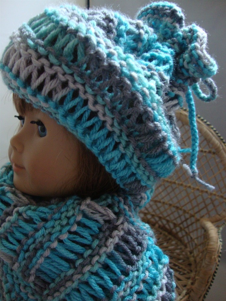 Gray Blue Hand-Knit Beanie & Scarf Set for 18