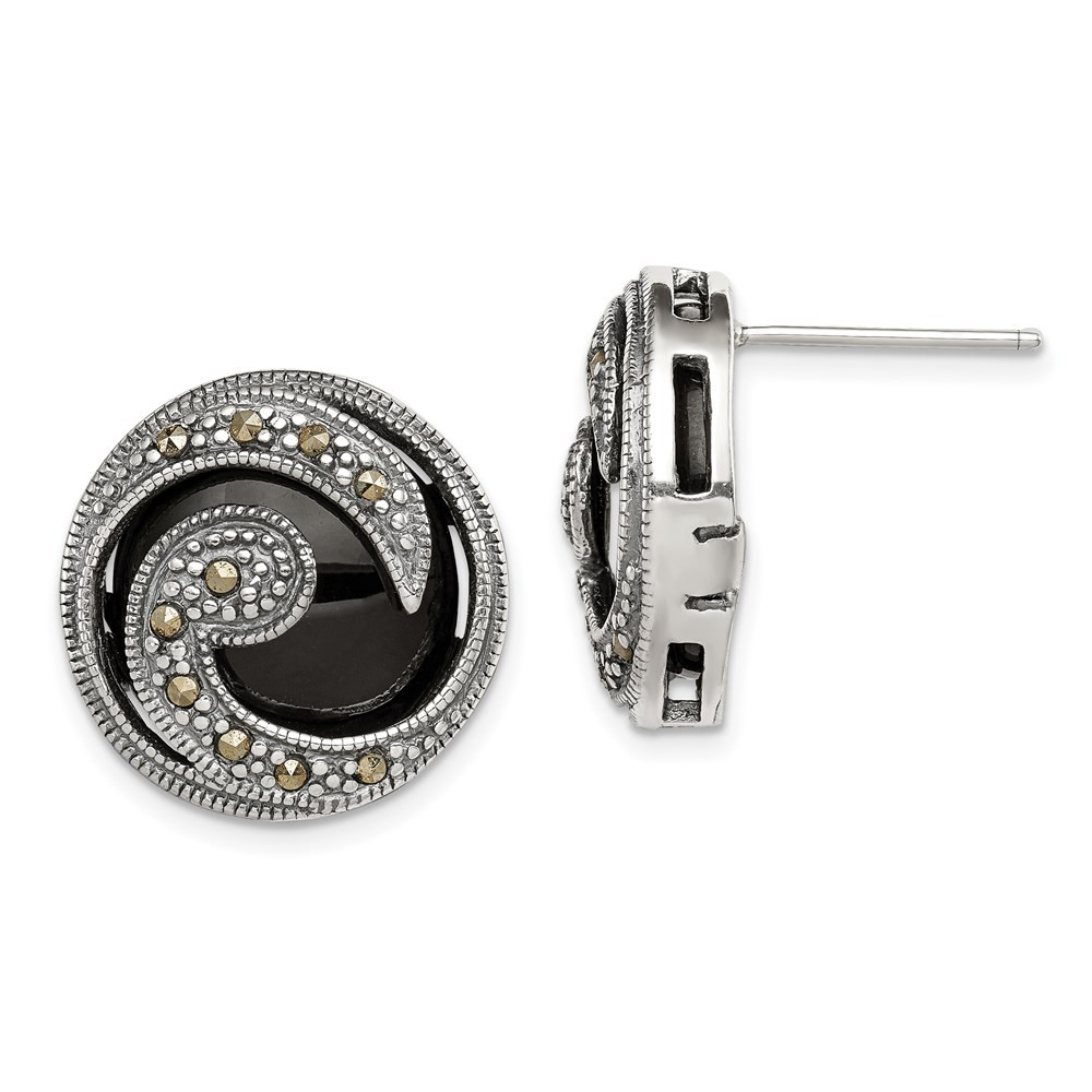 Sterling Silver Antiqued Onyx & Marcasite Round Wave Post Stud Earrings 7.27gm