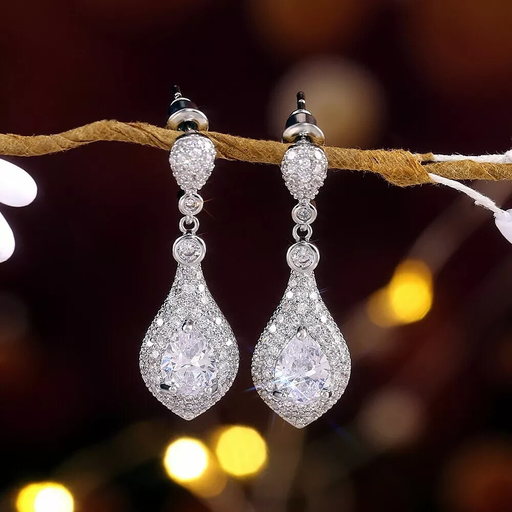 925 Silver CZ Drop Earrings for Women – Elegant Wedding Jewelry