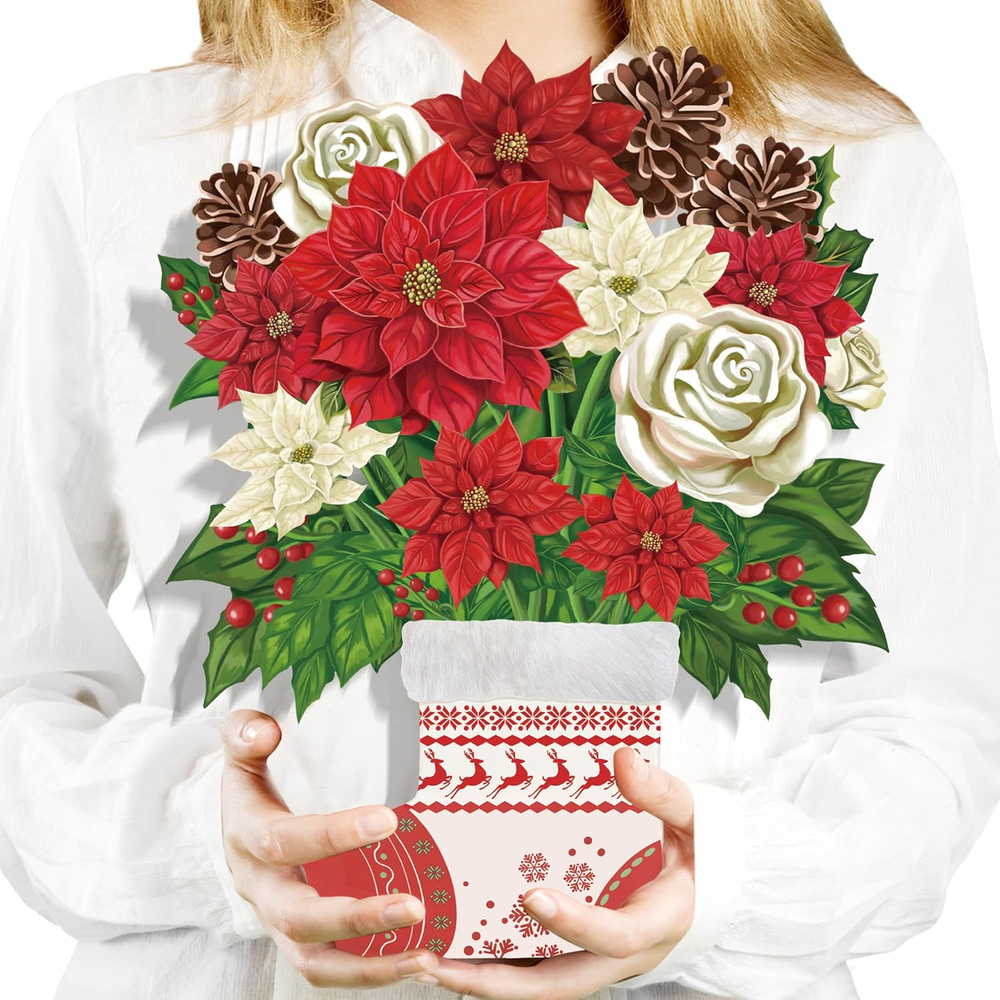 Christmas Cards, Pop up Paper Christmas Stocking with Poinsettia,12 Inch Merry C