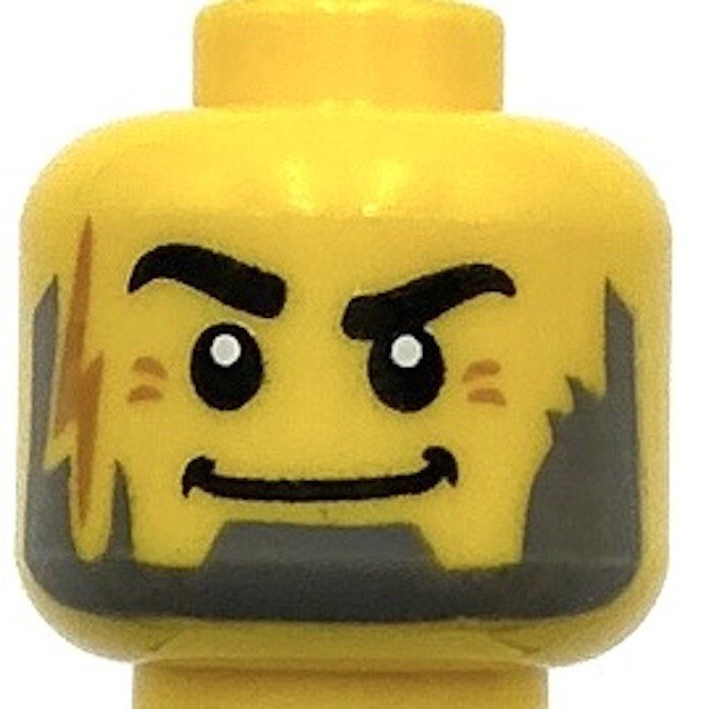 Lego Minifigure Head with Lightning Bolt Scar and Smirk Expression
