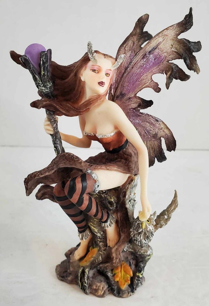 Sitting Fairy With Owl Holding Staff Figurine - Fantasy Mythical Princess Magic