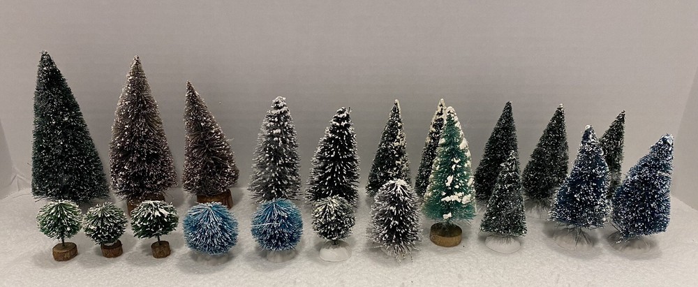 Vintage Dept 56 & Lemax Snow Flecked Bottle Brush Trees Lot of 21 2-6 Inches