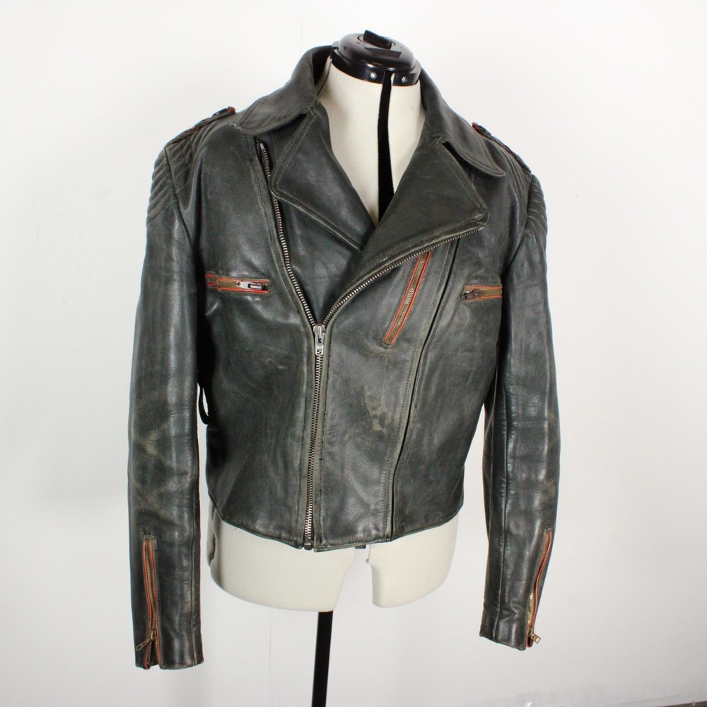 Vintage 1940s 50s German Heavy Leather Motorcycle Jacket Bergfreund Cropped Zip