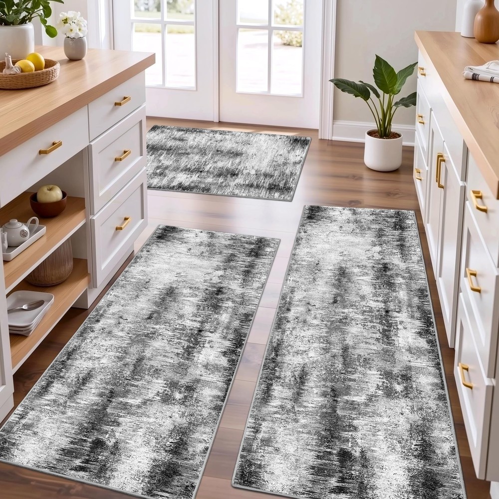 Non-Slip Washable Kitchen Rugs Set of 3 Abstract Design Floor Mats