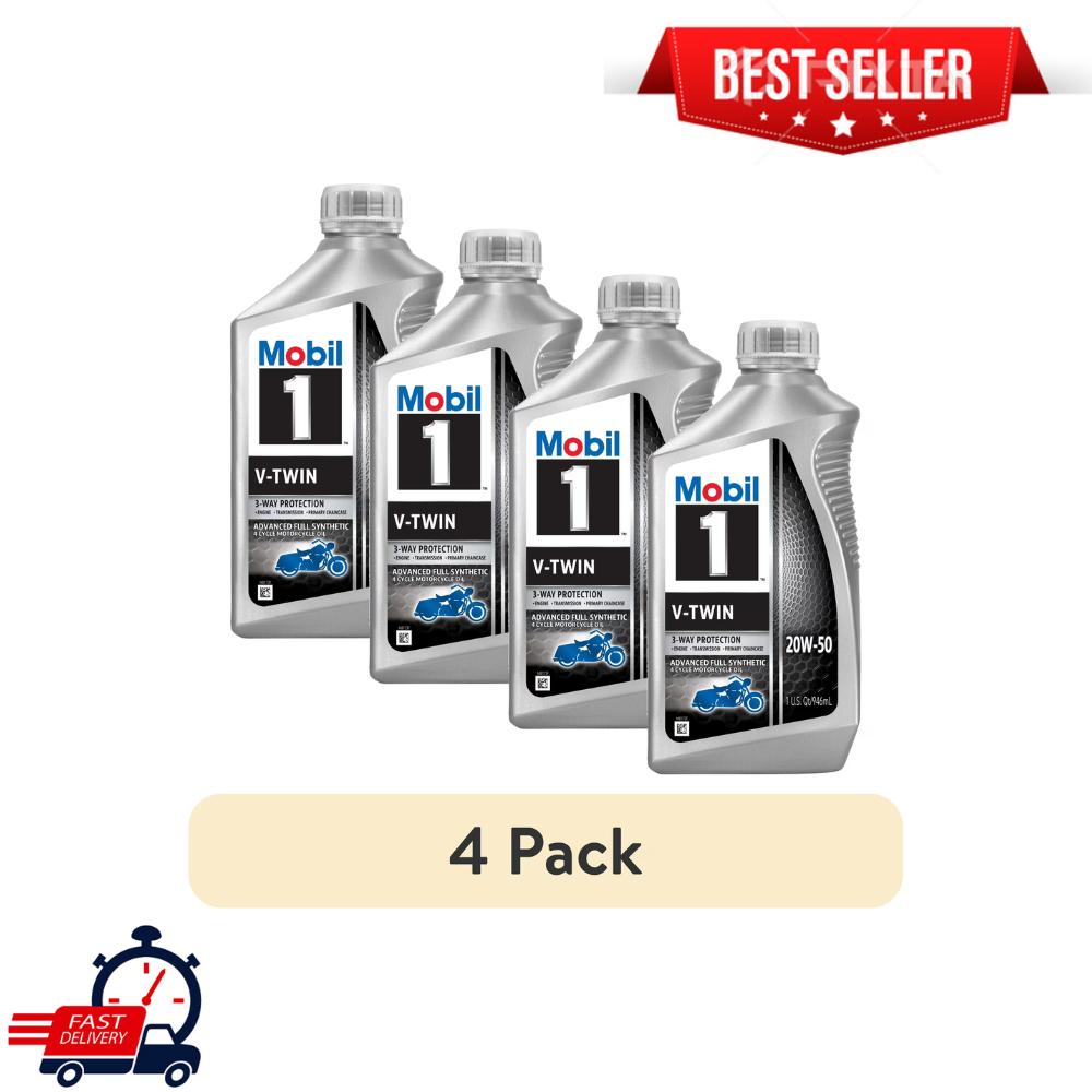 4 Pack Mobil 1 V-Twin 20W-50 Advanced Full Synthetic Motorcycle Motor Oil, 1 Qt
