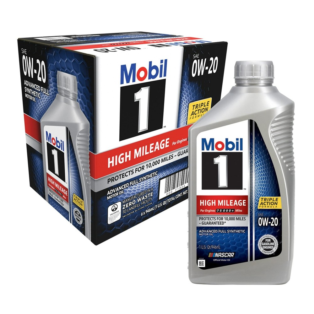 Mobil 1 High Mileage Full Synthetic Motor Oil 0W-20, Pack of 6