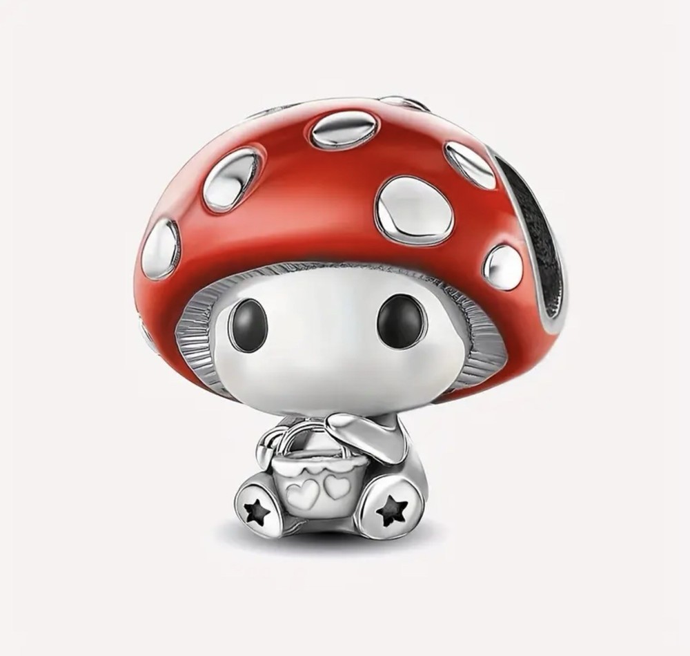 STERLING SILVER 925 RED MUSHROOM GIRL CHARM WITH HEART BAG AND STAR FEET